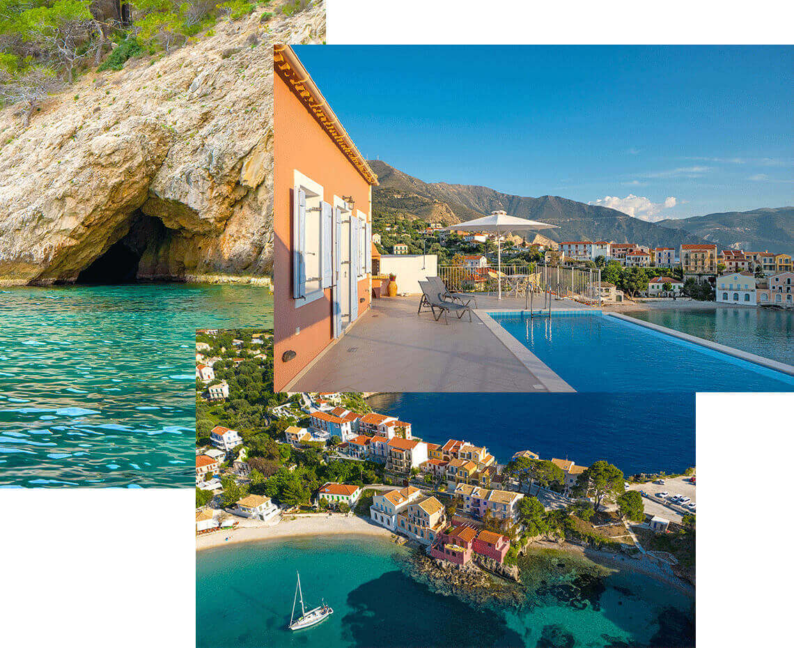 Collage Assos Kefalonia - Panoramic village view, Assos View villa pool view, turquoise water sea cave
